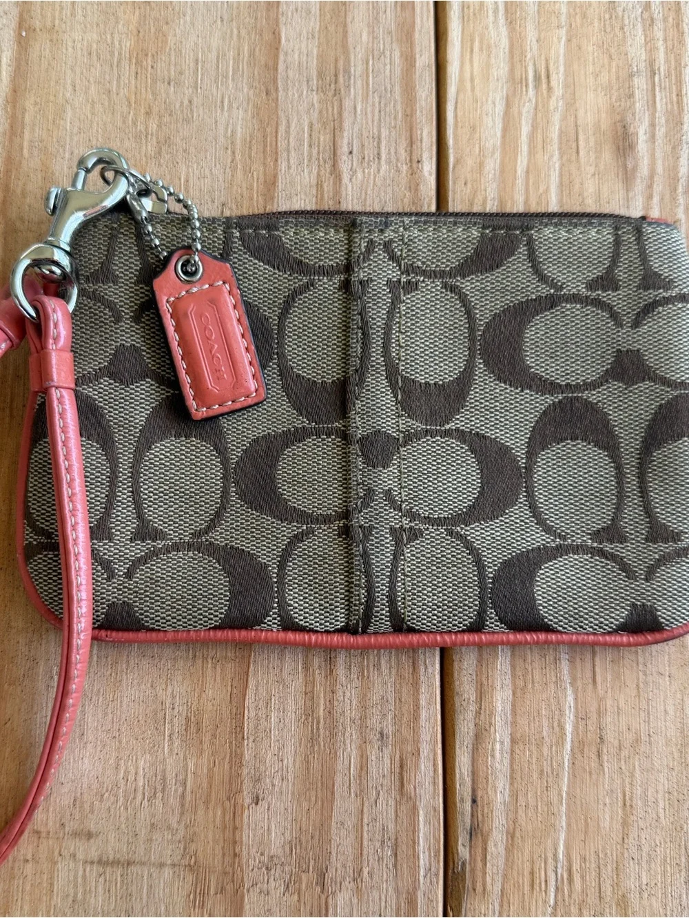 Coach Brown Signature Canvas Wristlet with Coral Trim